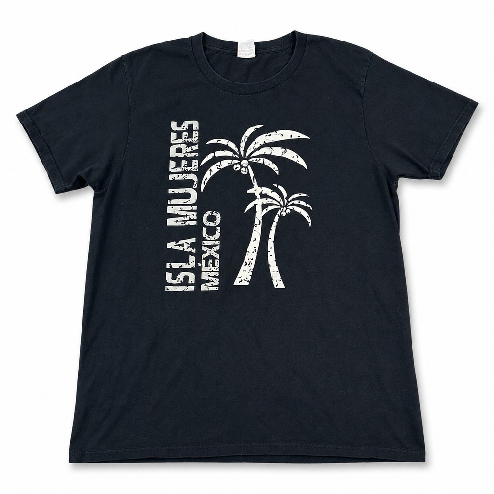 Vtg Isla Mujeres Mexico Palm Tree Graphic T Shirt Mens Large Black Cotton Tee